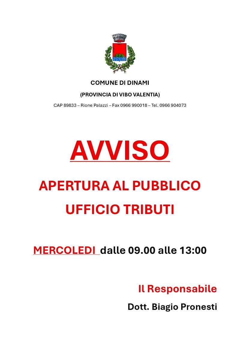 AVVISO ORARI APERTURA AL PUBBLICO UFFICIO TRIBUTI